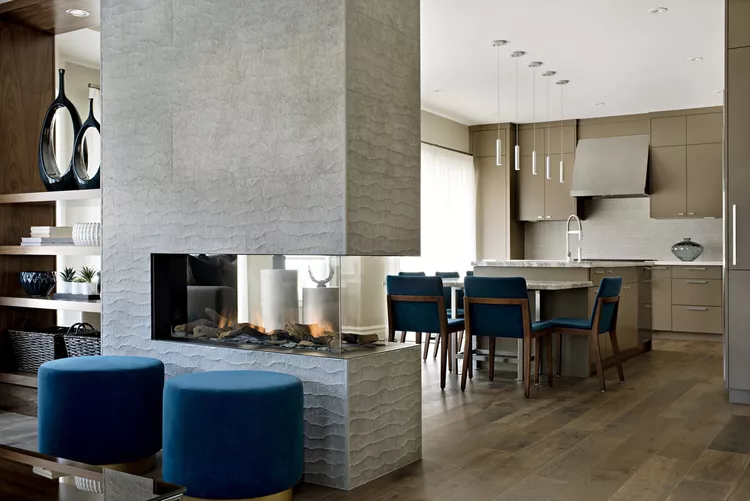 Double sided fireplace design for open kitchen