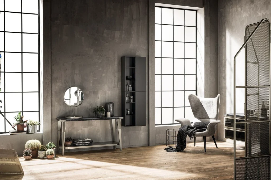 industrial minimalist style with big windows and gray colors