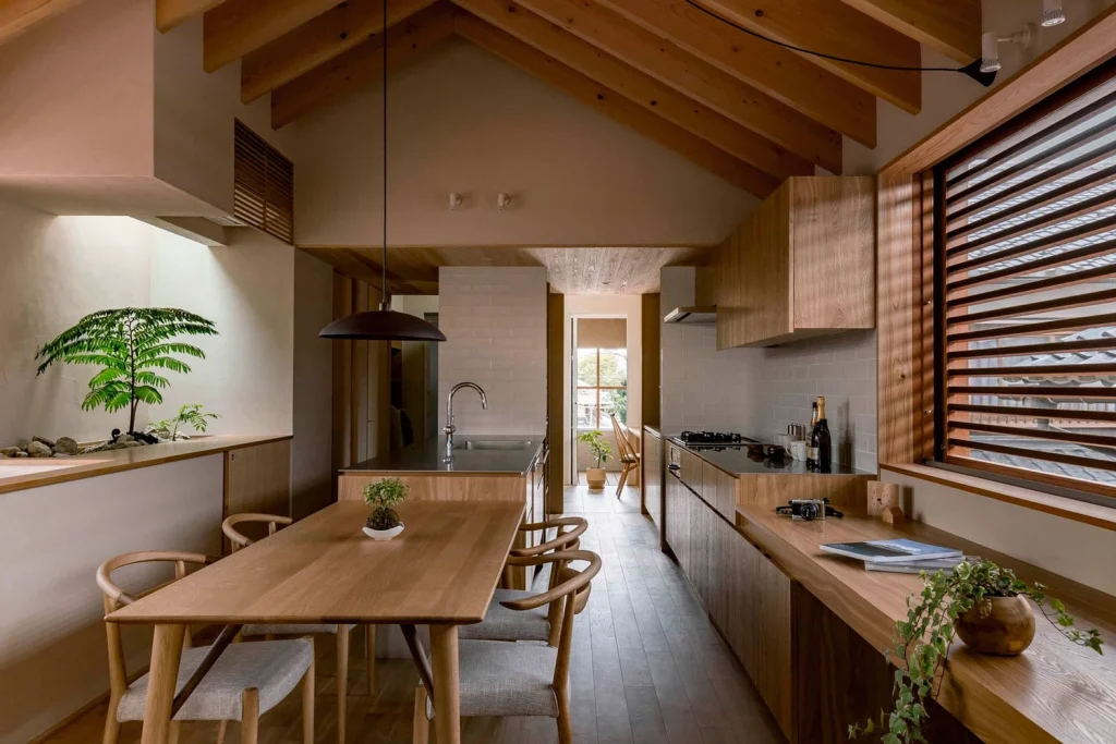 Japanese minimalist interior style with wood furniture and bonsais