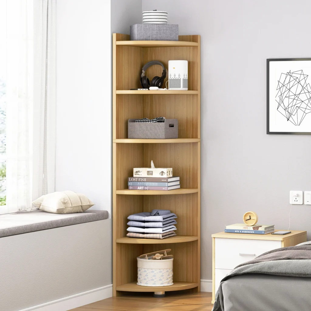 corner shelves in a small bedroom