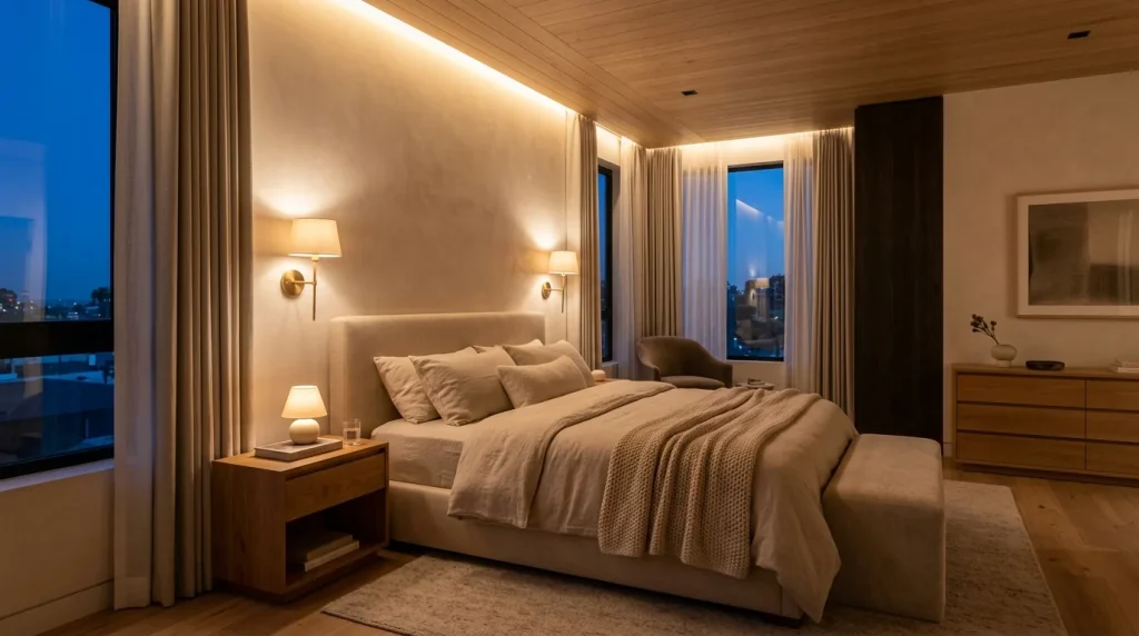 Master bedroom at twilight illuminated with 2700K warm soft sconces and cove ceiling lighting creating a cozy retreat