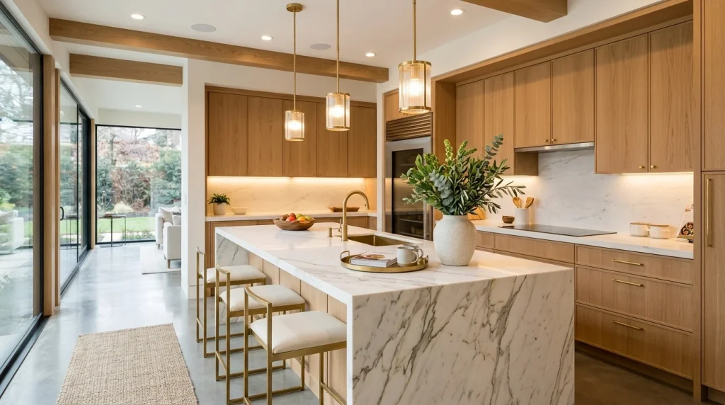 Contemporary luxury kitchen with light oak cabinetry and marble island illuminated by 3000K clean warm white pendant lighting